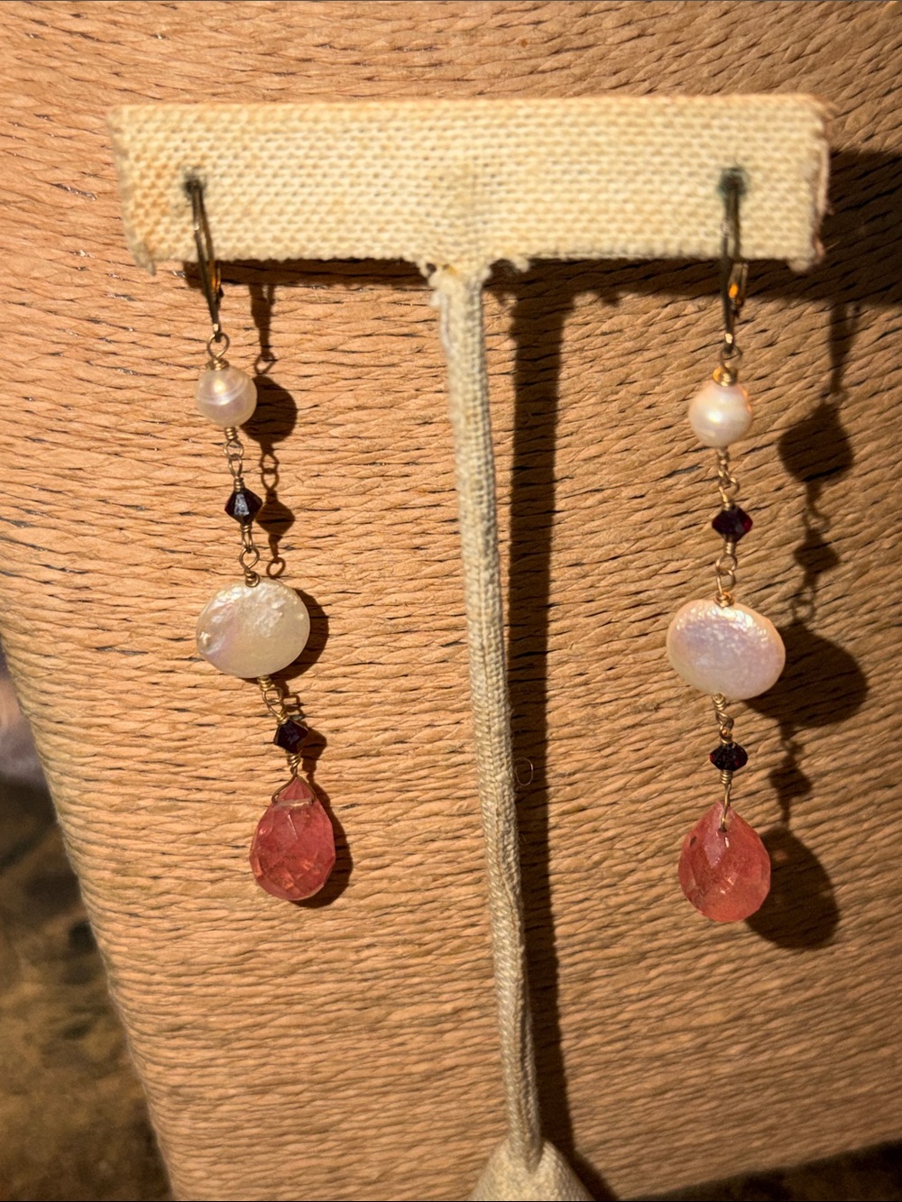 Fresh Water White Coin Pearls Watermelon Quartz Teardrop Pierced Earrings Gf